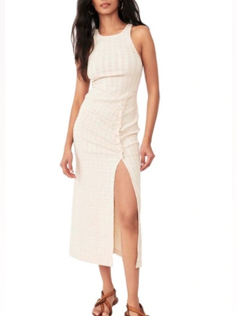 Free People Beige Textured Ruched Midi Dress